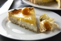 Lemon curd pie. Piece, slice of homemade delicious pie ,tart filled with lemon curd. Sweet dessert. Lemon curd pie decorated with
