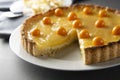 Lemon curd pie. Piece, slice of homemade delicious pie ,tart filled with lemon curd. Sweet dessert. Lemon curd pie decorated with