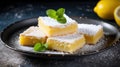 Lemon curd pudding with mint and sugar powder on dark background Generative AI