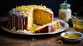 A lemon drizzle cake with a tangy glaze and zest