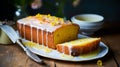 A lemon drizzle cake with a tangy glaze and zest