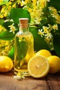 Lemon essential oil in a bottle. Generative AI,