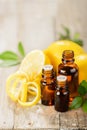 Lemon essential oil and lemon fruit Royalty Free Stock Photo