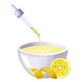 Lemon essential oil. The pipette drips into the bowl. Round slice of citrus, peel. Hand drawn watercolor illustration