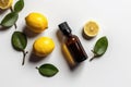 Lemon Essential Oil In Small Brown Bottle Next To Lemon On White Background, Top View. Generative AI