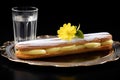 lemon-filled eclair placed on a crystal clear dish