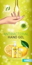 Lemon flavor Antibacterial hand gel ads. Vector Illustration with antiseptic hand gel in bottles and lemon elements.