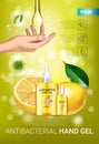 Lemon flavor Antibacterial hand gel ads. Vector Illustration with antiseptic hand gel in bottles and lemon elements