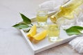 Lemon-flavored Italian liqueur in glass. Delicious yellow alcohol drink. Limoncello liquor. Glass bottle, shot and citrus fruit. C