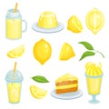 Lemon food. Cakes, lemonade and others yellow foods with lemons ingredient. Vector illustrations in cartoon style