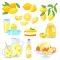 Lemon food vector lemony yellow citrus fruit and fresh lemonade or natural juice illustration set of lemon cake with jam