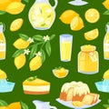 Lemon food vector lemony yellow citrus fruit and fresh lemonade or natural juice illustration set of lemon cake with jam