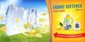 Lemon fragrance fabric softener gel ads. Vector realistic Illustration with laundry clothes and softener rinse container. Horizont