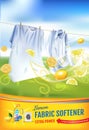 Lemon fragrance fabric softener gel ads. Vector realistic Illustration with laundry clothes and softener rinse container. Vertical