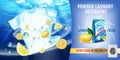 Lemon fragrance Laundry detergent ads. Vector realistic Illustration with t-shirt is washed in water and product package. Horizont