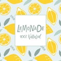 Lemon frame vector. Lemonade label. Color Lemon fruit with lettering on seamless pattern. Freehand Vector Illustration