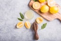 Lemon fresh and lemons. Citrus juice extractor. The concept of weight loss . Citrus juicer and squeezed fruits Royalty Free Stock Photo