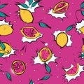 Lemon fresh pop art pattern modern juicy citrus fruit, comic style art, carton food print on contrast pink background