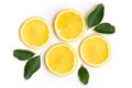 Slices of yellow lemon lime fruit with green leaf isolated on white . Royalty Free Stock Photo