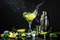 Lemon Frozen Granita Slush Drink in glasses. Italian Granita Dessert, refreshing summer Slush Drink with liquid splash, freeze