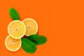 Lemon fruit, citrus minimal concept, vitamin C. Creative layout made of lemon and leaves, half of lemon, slide, piece