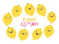 Lemon fruit collection. Funny characters with happy faces. Vector cartoon illustration in simple hand-drawn Scandinavian style. Royalty Free Stock Photo