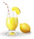 Lemon fruit and glass of juice with straw and clove.