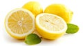 Lemon fruit with leaf isolate. Lemon whole, half, slice, leaves on white. Ai Generative Royalty Free Stock Photo