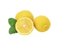 Lemon fruit with leaf isolate. Lemon whole, half, slice, leaves on white. Lemon slices with zest isolated. With clipping path Royalty Free Stock Photo