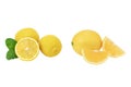 Lemon fruit with leaf isolate. Lemon whole, half, slice, leaves on white. Lemon slices with zest isolated. With clipping path Royalty Free Stock Photo