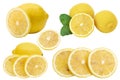 Lemon fruit with leaf isolate. Lemon whole, half, slice, leaves on white. Lemon slices with zest isolated. With clipping path Royalty Free Stock Photo