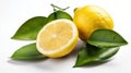 Lemon fruit with leaf isolate. Lemon whole, half, slice, leaves on white. Lemon slices with zest isolated. Generative Ai Royalty Free Stock Photo