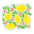 Lemon fruit set with blue polka dot. Summer citrus collection with lemons, leaves and blossom flower