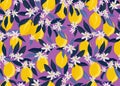 Lemon fruits seamless pattern with flowers and leaves on purple background. citrus fruits
