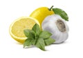 Lemon garlic basil pesto ingredients isolated on white background