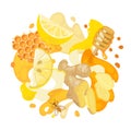 Lemon, ginger and honey on abstract background. Vector illustration