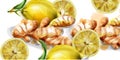 Lemon and ginger watercolor Vector background. fresh organic products