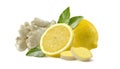 Lemon and ginger whole slices on white background