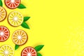 Lemon, graprfruit, orange. Citrus in paper cut style. Origami juicy ripe slices. Healthy food on yellow. Summertime.