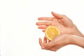 lemon in hand kitchen organique salad ingredient Royalty Free Stock Photo