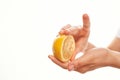 lemon in hand kitchen organique salad ingredient Royalty Free Stock Photo