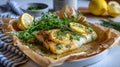 Lemon herb baked cod with arugula and fresh herbs on parchment Royalty Free Stock Photo