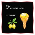 Lemon ice cream. Dessert on a black background for the menu of the restaurant and cafe. Lemons on a branch. Icon of food on a whit