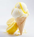 Lemon ice cream in a waffle cone with lemon peels and fresh lemon slices