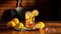 lemon ice tea on brown wooden table with lemons around. Generative Ai Royalty Free Stock Photo