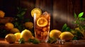 lemon ice tea on brown wooden table with lemons around. Generative Ai Royalty Free Stock Photo