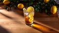 lemon ice tea on brown wooden table with lemons around. Generative Ai Royalty Free Stock Photo