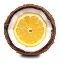 Lemon inside coconut isolated on white Royalty Free Stock Photo