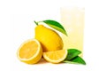 Glass of lemon juice and pile of yellow lemon lime fruits with green leaf isolated on white