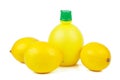 Lemon juice(condiments) in a bottle and three lemons isolated on a white Royalty Free Stock Photo